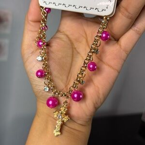 ✨5/$25 Deal!✨ Gold Chain Bracelet with Pink Beads, Rhinestones and Cross Pendant